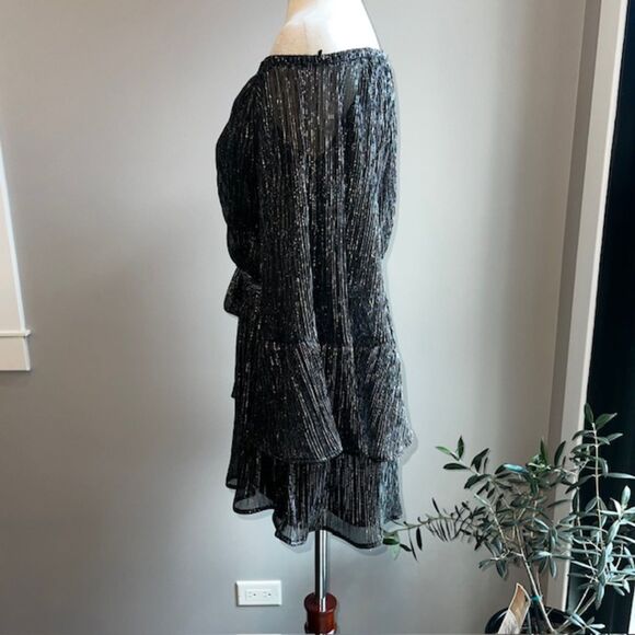 Lush Black Off the Shoulder Bell Sleeve Romper with Silver  Accents Size L - Picture 3 of 8